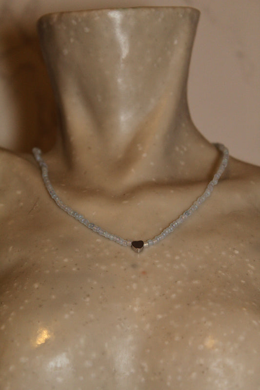 Handmade Icy Blue Bead Necklace – Heart Detail
