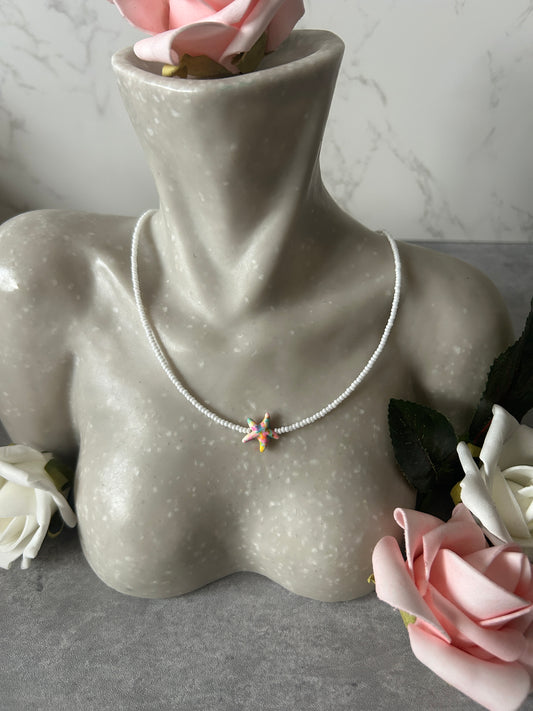 White Beaded Necklace with Colourful Star Pendant