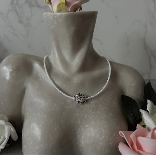 White Beaded Necklace with Colourful Turtle Pendant