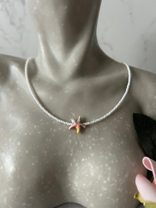 White Beaded Necklace with Colourful Star Pendant