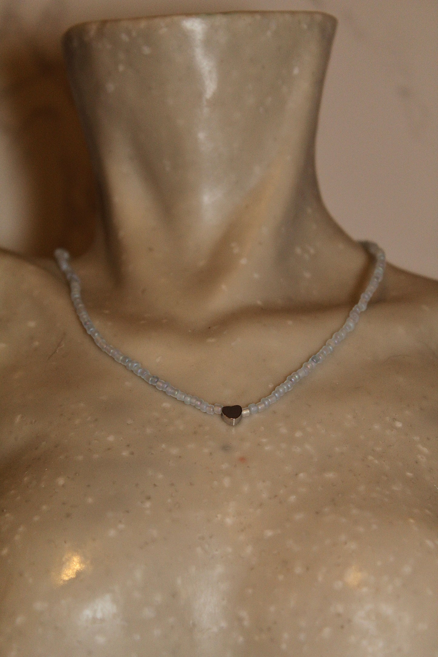 Handmade Icy Blue Bead Necklace – Heart Detail
